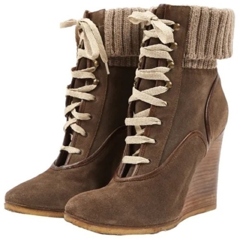 Chloe River Brown Suede Mountain Wedge Sweater Boots Booties 36